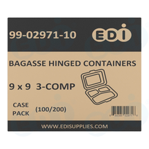 Case picture for 99-02971-10 WP - BAGASSE HINGED CONTAINER 9'' X 9'' 3-COMP (100/200)