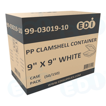 Case picture for 99-03019-10 WP - PP CLAMSHELL CONTAINER 9" X 9" WHITE (50/150) MOQ 50 cases